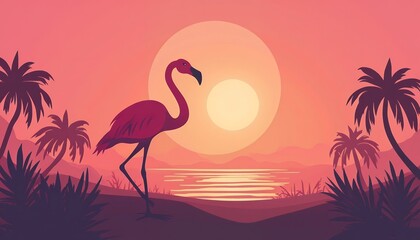 Naklejka premium Flamingo at Sunset Tropical Landscape Illustration