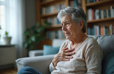 Older woman coughs, clutches chest in discomfort. Distressed female is seated in living room. Signs of illness cough, pain, expression of unwell condition at home. Medical concept.