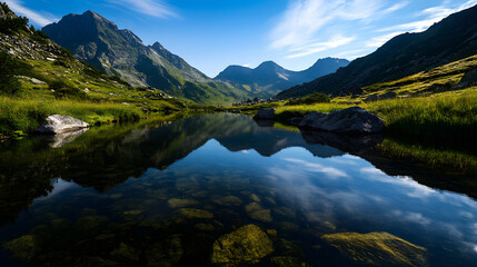 A serene alpine lake with perfectly smooth water reflecting the rugged mountain terrain surrounding it.