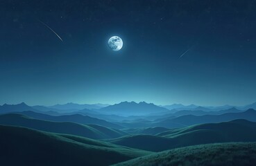 Full moon illuminates night sky over green hills. Space, stars. Stunning scenery, nightscape, astronomical scene. Evening landscape with moonlight, astronomy, celestial bodies, dreamlike atmosphere.