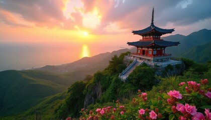 Scenic landscape of ancient temple on mountain peak during sunrise. Beautiful temple architecture, traditional asian building on green hill with ocean view. Travel destination, idyllic nature.