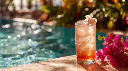 orange cocktail by tropical pool with flower garnish directional summer sunlight & shadows	