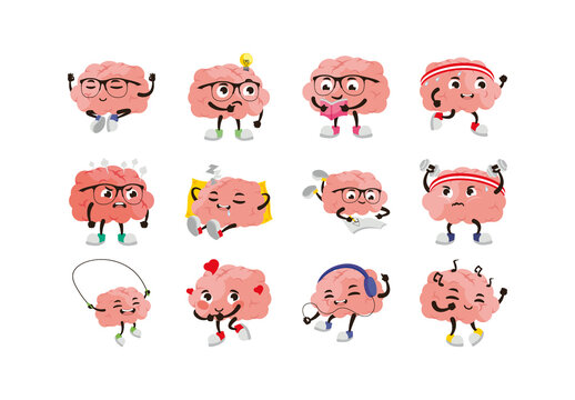 Colorful Brain Cartoon Cute Funny Mind Illustrations Set