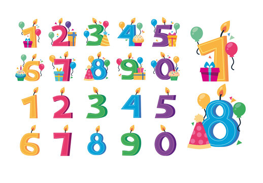 Colorful Birthday Candle Numbers Kids Celebration Illustrations Set