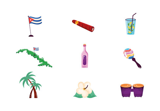 Colorful Cuba Culture Island Havana Traditional Illustrations Set