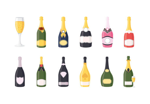 Colorful Champagne Celebration Bottle Drink Party Illustrations Set