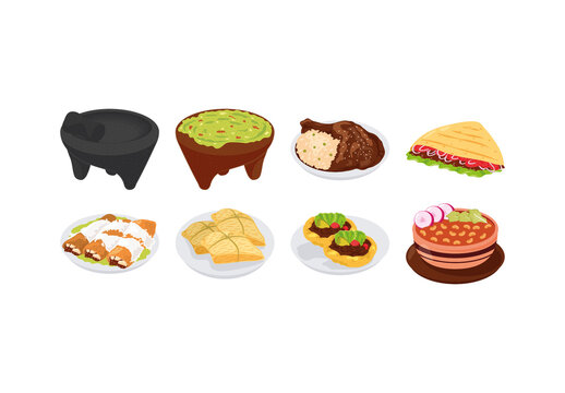 Colorful Mexican Food Traditional Mexico Cuisine Illustration Set