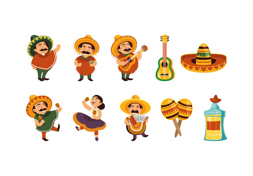 Colorful Mexican Mariachi Culture Mexico Traditional Illustrations Set