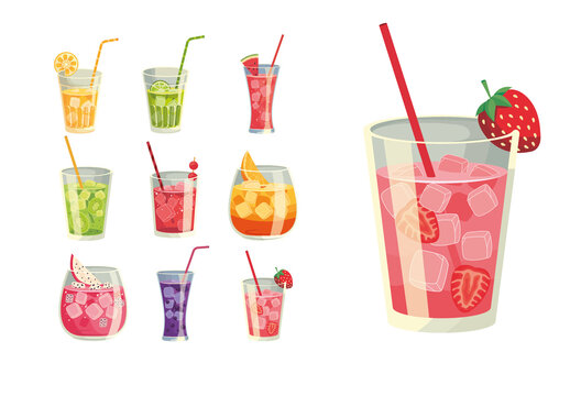 Colorful Fruit Drink Juice Cocktails Illustrations Set