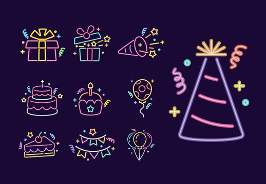 Colorful Neon Birthday Party Celebration Icons Set