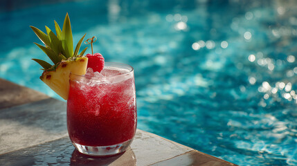 pink juice cocktail by tropical pool in directional summer sunlight & shadows	