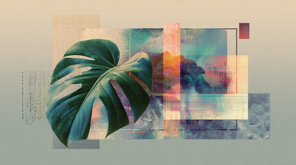 A surreal collage featuring a monstera leaf overlaid with glitch art and textured geometric shapes.