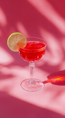 red summer cocktail in sunshine isolated on plain pink studio background 