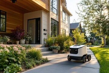 Autonomous delivery robot bringing e-commerce package to customer house