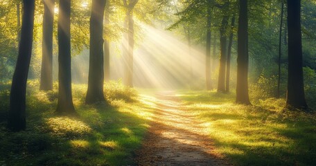 Fototapeta premium Golden light rays shine through tree canopies in a forest on a morning in Autumn with a path