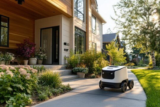 Autonomous delivery robot bringing e-commerce package to customer house