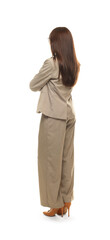 Confident woman in suit on white background