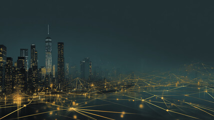 Fototapeta premium sunrise Aerial view of Smart digital Innovation city with connection network reciprocity over the cityscape. of future smart wireless digital city and social media networking systems that connects