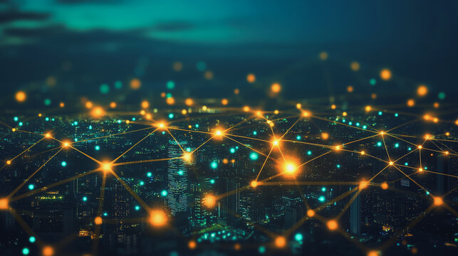 sunrise Aerial view of Smart digital Innovation city with connection network reciprocity over the cityscape. of future smart wireless digital city and social media networking systems that connects
