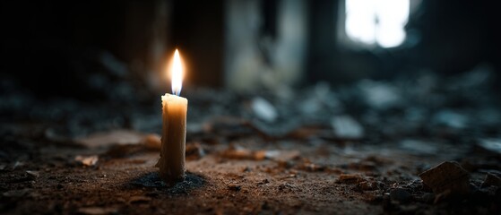 Burning candle in dark abandoned room, casting light on debris and dust Concept of hope, memory, and remembrance in a desolate, forgotten place