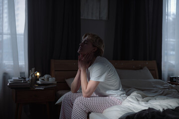 Upset female feels strong negative emotions staying alone at home