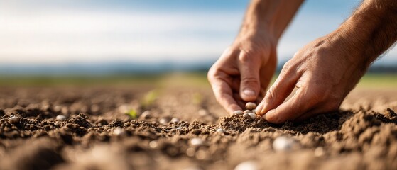 Closeup of farmers hands planting seeds in fertile soil on a sunny day Concept of agriculture, farming, cultivation, and sustainable growth