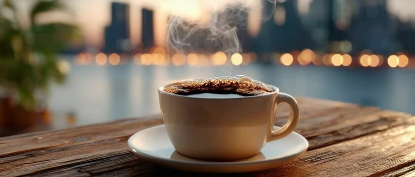 Steaming coffee by the bay: A serene image of a cup of hot coffee sitting on a wooden table by the water, perfect for those calm mornings.