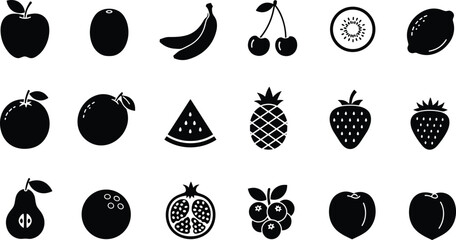 Black fruit icon collection, tropical and summer fruits vector, silhouette clipart, editable fruit graphic set, minimal flat fruit symbols, healthy food design