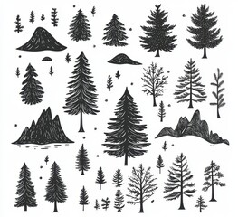 Obraz premium Modern illustration of abstract tree drawings featuring coniferous natural badges with black silhouettes of pine, spruce, cedar, and plant leaves on outdoor travel tops