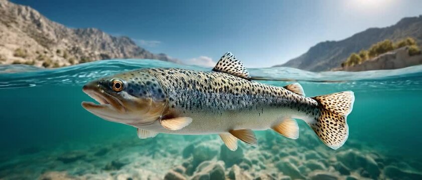 Underwater Spectacle: A solitary trout gracefully navigates the crystal-clear waters, its form a testament to the vibrant underwater world. This scene encapsulates the untamed beauty of the deep.