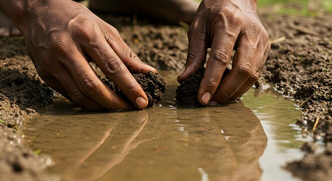 Farmer hands carefully work the moist earth in a muddy field to prepare the rich soil for planting new seasonal vegetable crops.
