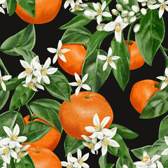 Seamless pattern with oranges and flowers on branches. White small flowers with citrus fruits. Leaves and petals. Watercolor illustration on dark background. Hand drawn. Vintage retro style.