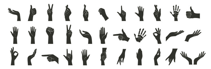 Hand Gestures Silhouette Collection. Various Poses, Pointing, Handshake, Female Hands in Minimal Vector Style, Icons and Logo Template on Transparent Background