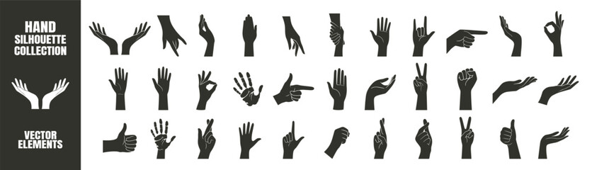 Fototapeta premium Hand Gestures Silhouette Collection. Various Poses, Pointing, Handshake, Female Hands in Minimal Vector Style, Icons and Logo Template on Transparent Background