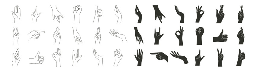 Hand Gestures Silhouette Collection. Various Poses, Pointing, Handshake, Female Hands in Minimal Vector Style, Icons and Logo Template on Transparent Background