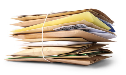 Stack of different paper envelopes isolated on white. Post office