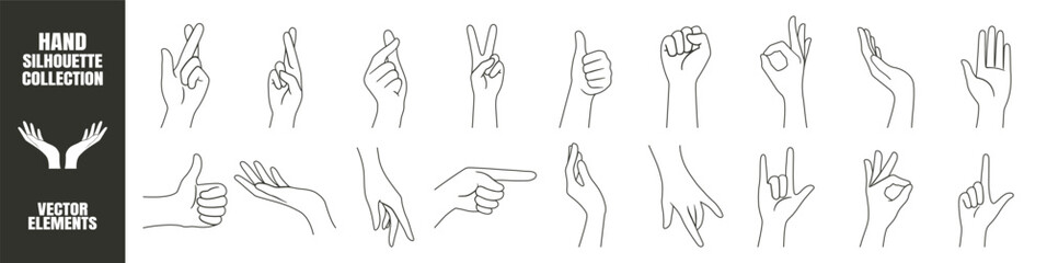 Hand Gestures Silhouette Collection. Various Poses, Pointing, Handshake, Female Hands in Minimal Vector Style, Icons and Logo Template on Transparent Background
