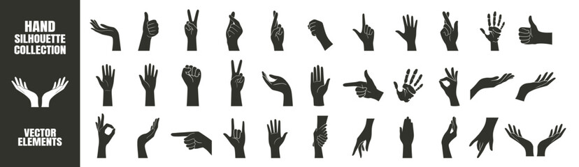 Hand Silhouette Collection. Vector Icons Set on Transparent Background