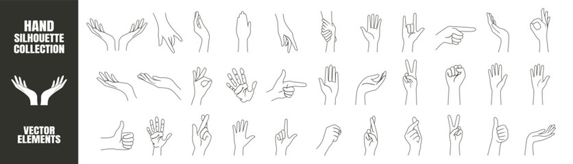 Hand Silhouette Line Collection. Vector Icons Set on Transparent Background