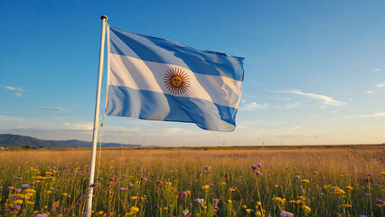 Argentina's flag waving proudly over a field of flowers under a clear blue sky, showcasing national pride.