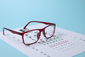 Glasses and vision test chart on light blue background, closeup