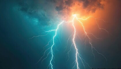 Mesmerizing lightning storm sky with vibrant color contrast. Powerful electric discharge illuminates dark, ominous clouds creating dramatic weather scenery background. Atmospheric, nature photography.