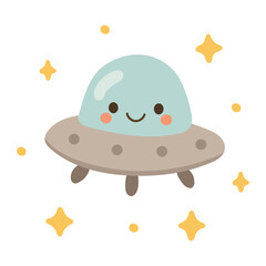 Naklejka premium Playful gray UFO with blue dome and floating yellow stars. Fun sci-fi graphic perfect for alien themes and space designs.