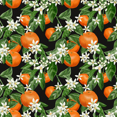 Seamless pattern with oranges and flowers on branches. White small flowers with citrus fruits. Leaves and petals. Watercolor illustration on dark background. Hand drawn. Vintage retro style.