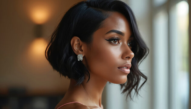 Portrait elegant African American woman with short black hair. Female with perfect skin, makeup. Attractive lady with stylish haircut, earrings, gazing away. Beauty, fashion, hairstyle concept.