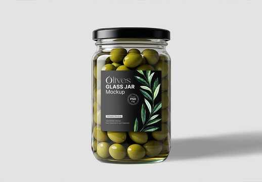 Realistic Olives Glass Jar Packaging Mockup PSD Template