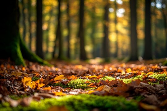The forest floor is adorned with vibrant autumn leaves and illuminated by a soft backlight