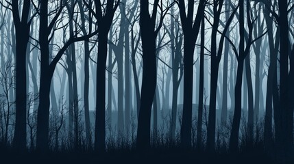 Modern illustration depicting a landscape with silhouettes of blue trees in a dark night forest