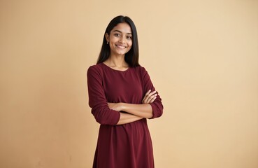 Obraz premium Happy young woman stands with arms crossed. Smiling brunette in casual clothes. Confident adult female with long black hair. Indian ethnicity lady with beautiful face expression. Studio portrait.