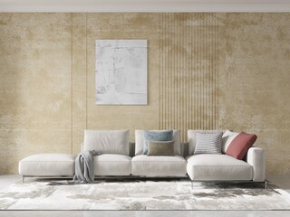 Mock up of a stylish living room with an original comfortable sofa and a modern decorative background, 3D rendering.
